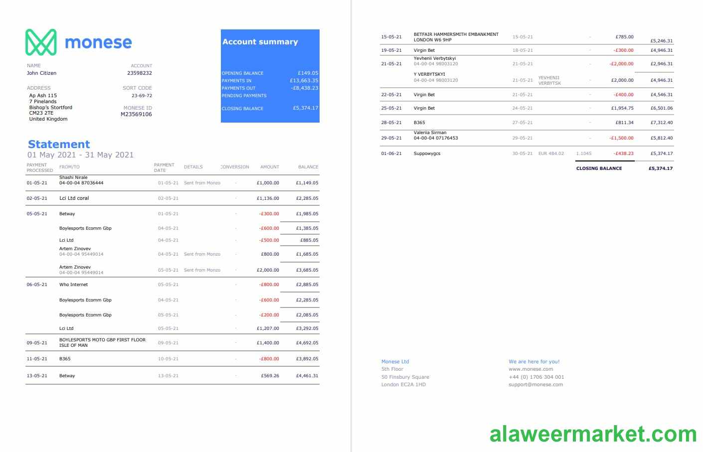 United Kingdom Monese bank statement template in Excel and PDF format, 2 pages2